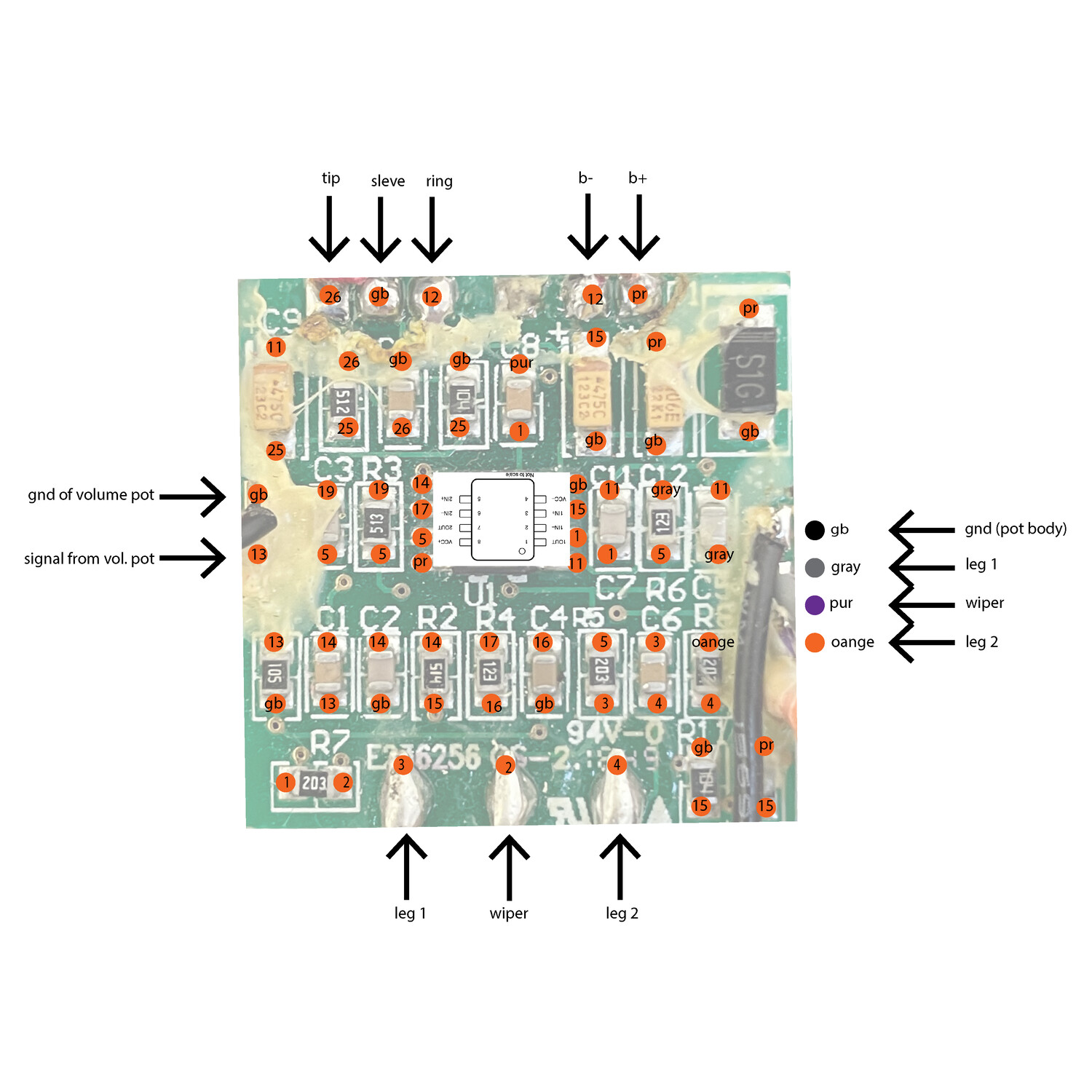 This is the preamp PCB. I made this diagram while "beeping out" the circuit. This is how I kept track of which components connected to other components.